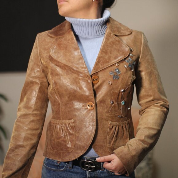 Leather Jacket Brown Embellished Women's Jacket - Picture 1 of 15
